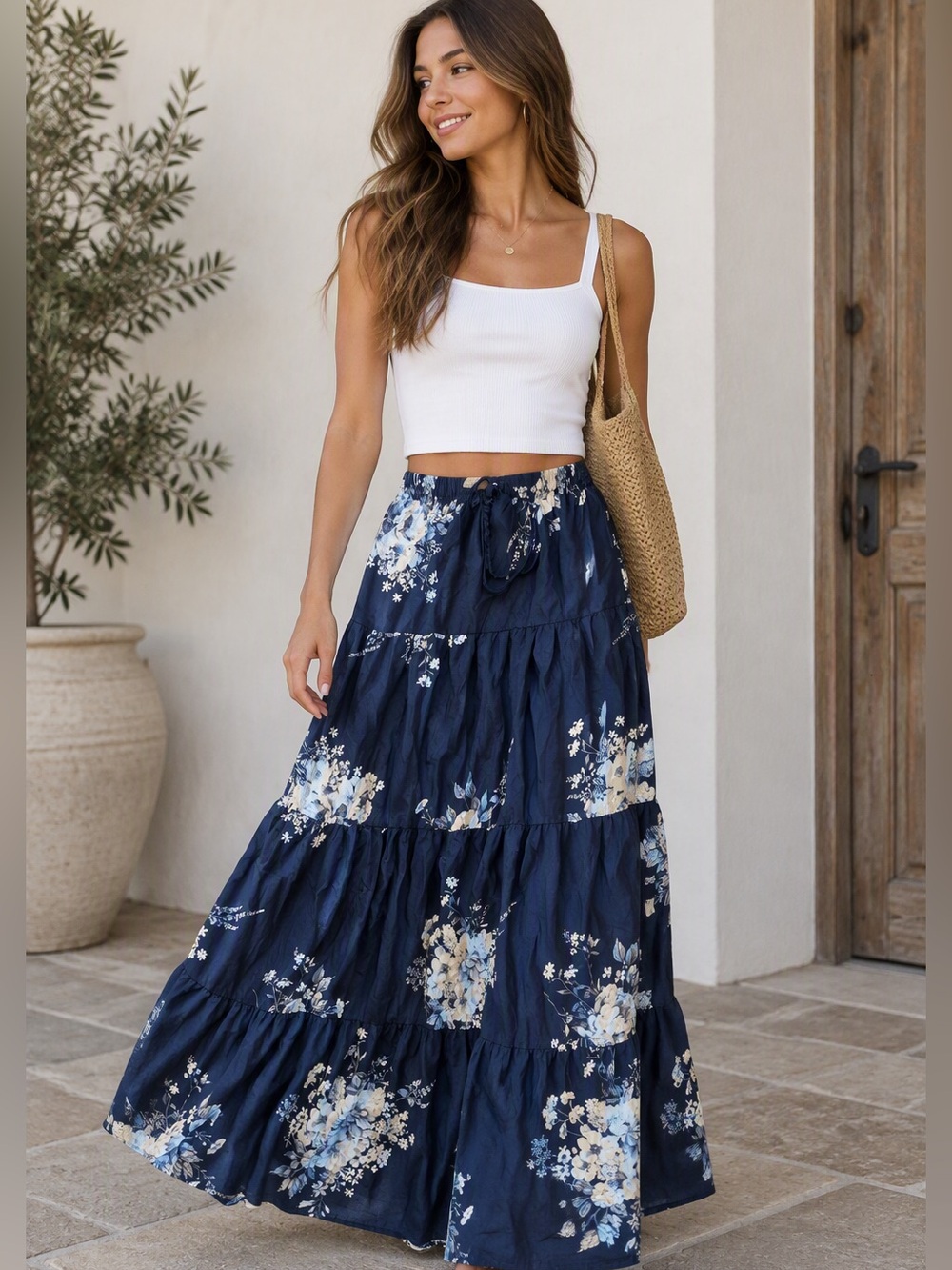 Streetwear Society Navy Blue Floral Tiered Maxi Skirt
